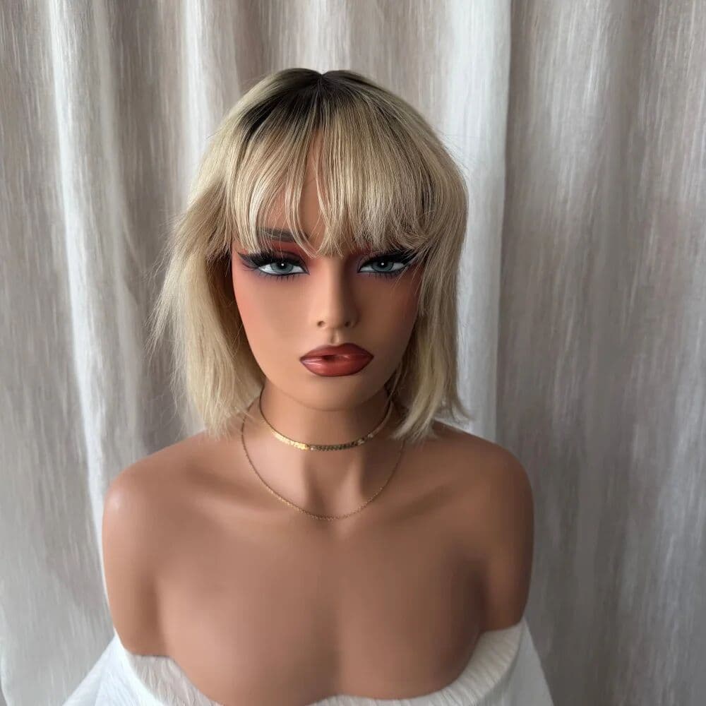 BLACK WOMEN Ash Blonde Highlighted Bob Wig Dark Root Human Hair Wig with Bangs 150 Density Short Straight Glueless Transparent Wig for Women