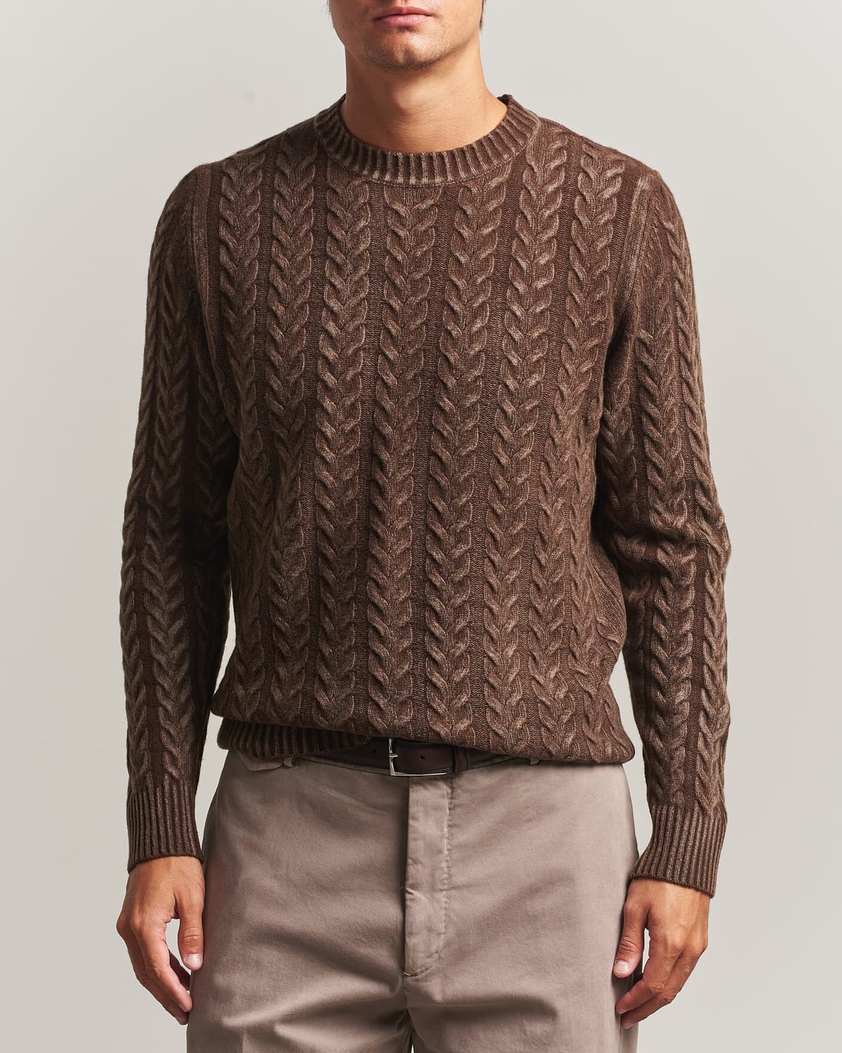 Morgano Cable Knitted Brushed Dyed Wool Crew Brown men S Brun