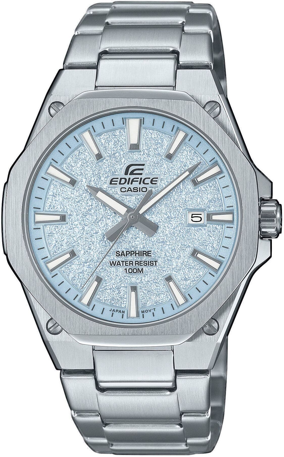 Quarzuhr CASIO EDIFICE, silber (edelstahlfarben, hellblau, hellblau), Armbanduhren, Herren, edelstahlfarben, Quarzuhr, Armbanduhr, Herrenuhr, Edelstahlarmband, analog, Tag, Neo-Display