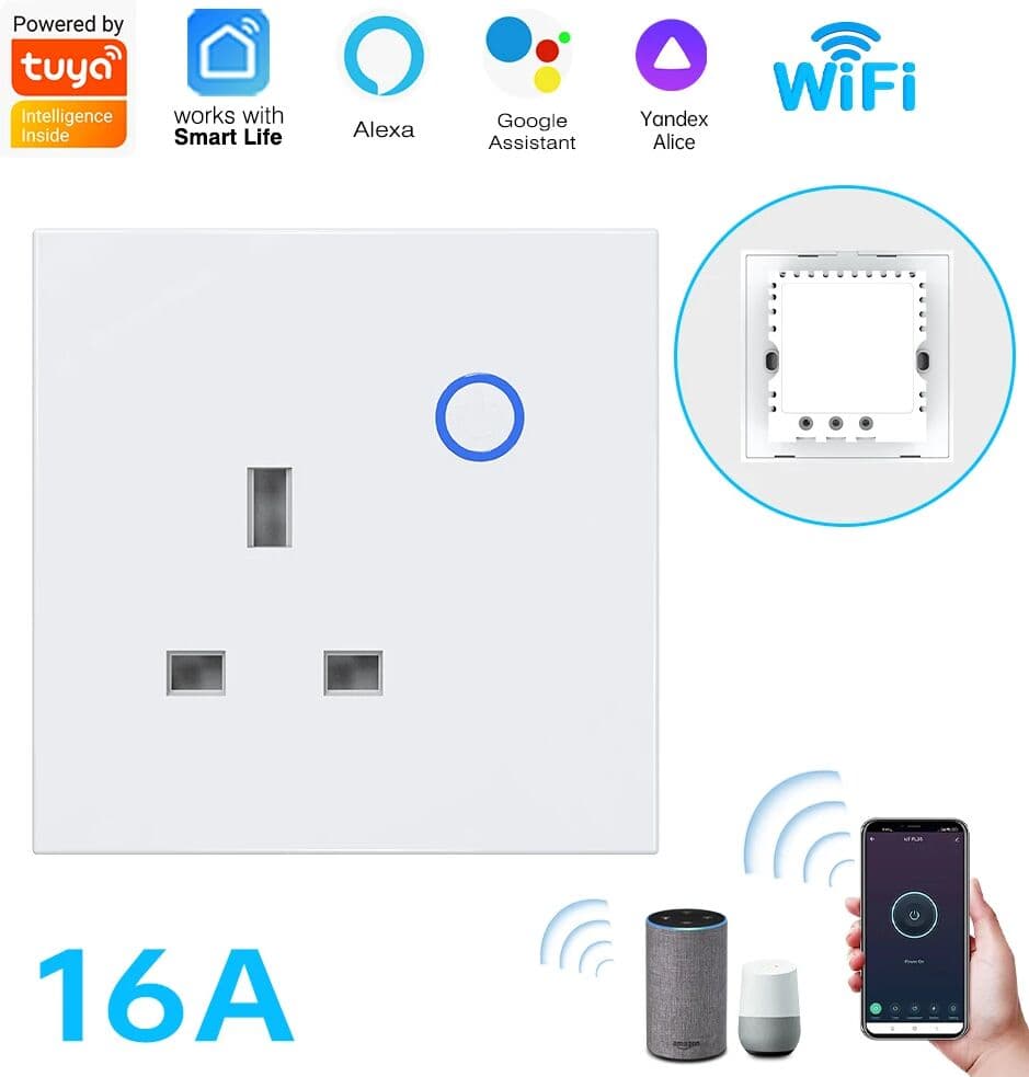 NONE Tuya WiFi UK Smart Wall Socket with Energy Monitoring, Control Appliances Anywhere, 16A Works with Alexa & Google Home