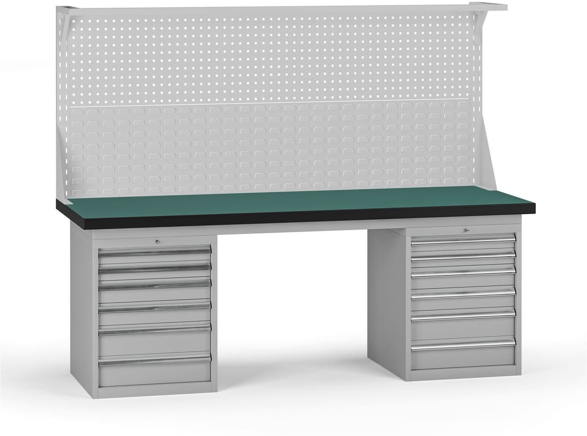 B2B Partner Stół warsztatowy G8 z panelem, 2100 x 750 x 800 mm, 2x kontener, 12x szuflada, szary