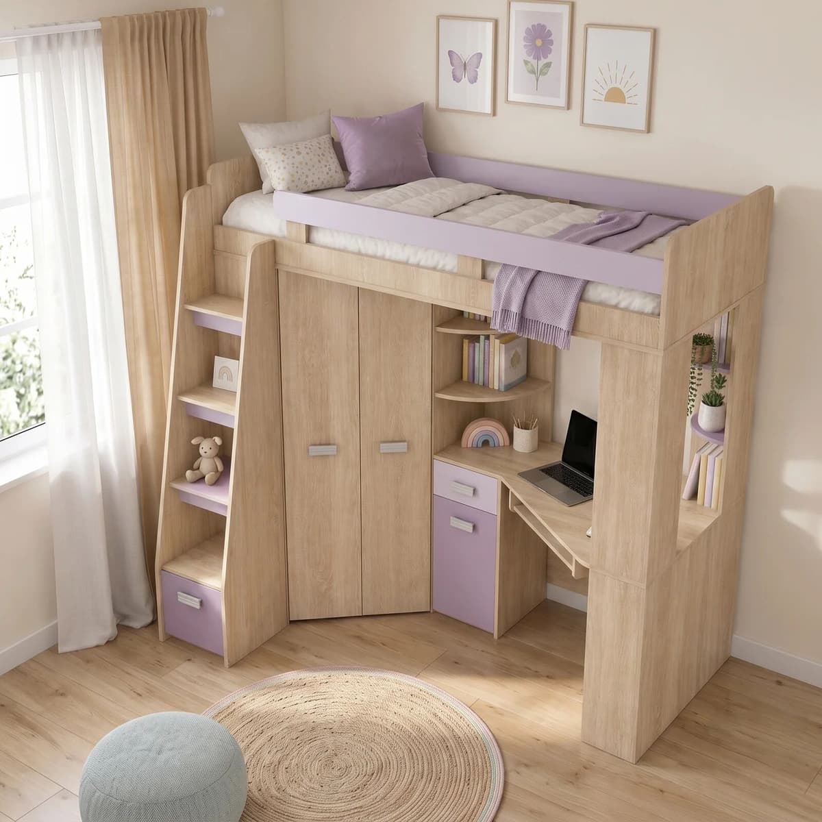 garneroarredamenti Cameretta 204x120cm completa sinistra 1 letto singolo rovere viola Dollie Gihome®