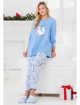 Plus Size Women's Long Sleeve Knit PJ Set by Dreams & Co. in Sky Blue Winter Cat (Size 34/36) Pajamas