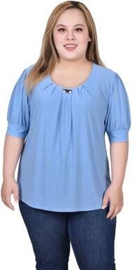 NY COLLECTION Short Sleeve Balloon Sleeve Top With Hardware