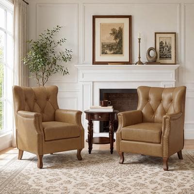 Velocisca Set of 2 Upholstered Wingback Chairs, Tufted Accent Armchairs with Nailhead Trim and Wood Legs for Living Room
