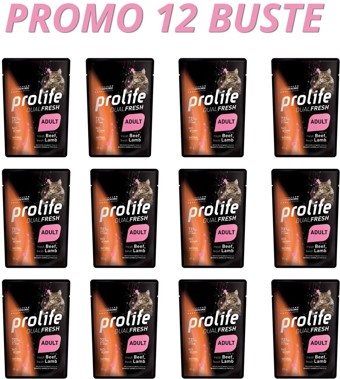 Prolife® 12 x 85 g Prolife Cat Dual Fresh Adult Manzo e Agnello Umido per Gatti