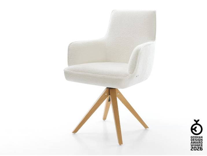 DELIFE Drehstuhl Heira-Flex mit Armlehnen Bouclé Soft Beige Holzgestell kantig Natur 180° drehbar Taschenfederkern