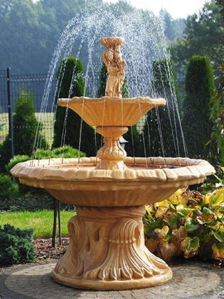 Casa Padrino Jugendstil Springbrunnen Frau mit Schüssel Beige Ø 155 x H. 190 cm - Prunkvoller Gartenbrunnen - Gartendeko Brunnen - Barock & Jugendstil Garten Deko Accessoires