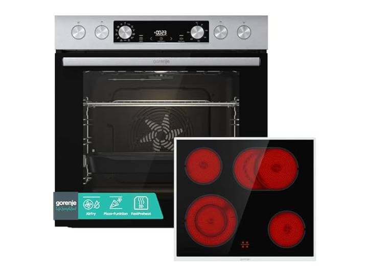 Gorenje Einbauherd-Set Heißluft Inox Set 4 mit Glaskeramik-Kochfeld / 77L / ExtraSteam / GentleClose & Open / EcoClean / AirFry / PizzaMode / PerfectGrill / Teleskopauszüge / Inox-Look