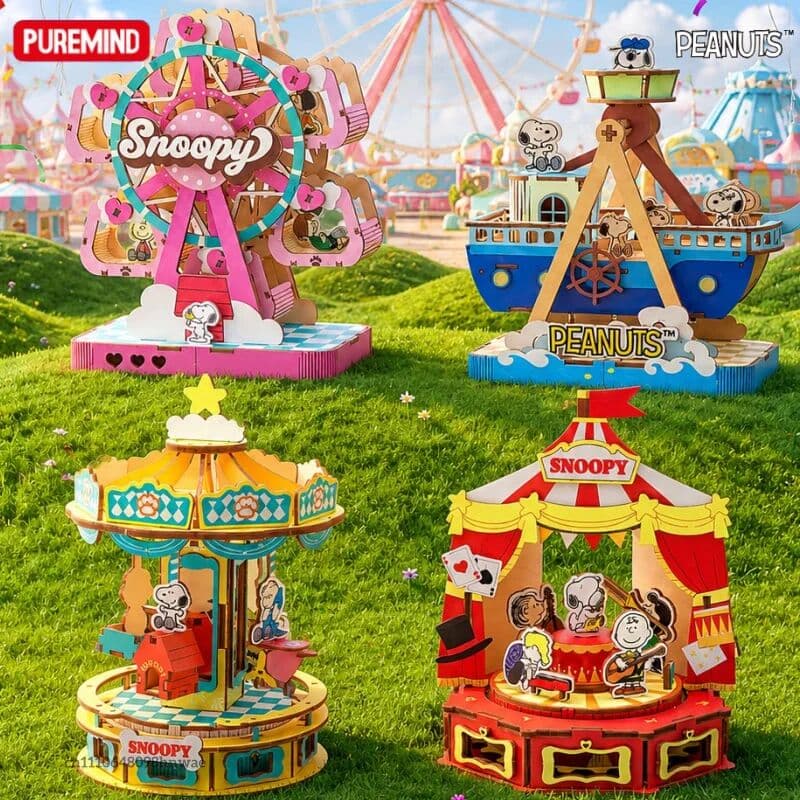 PUREMIND Snoopy Wooden Building Block Series Carousel Ferris Wheel Pirate Circus Assembled Model Toys Ornaments Gifts