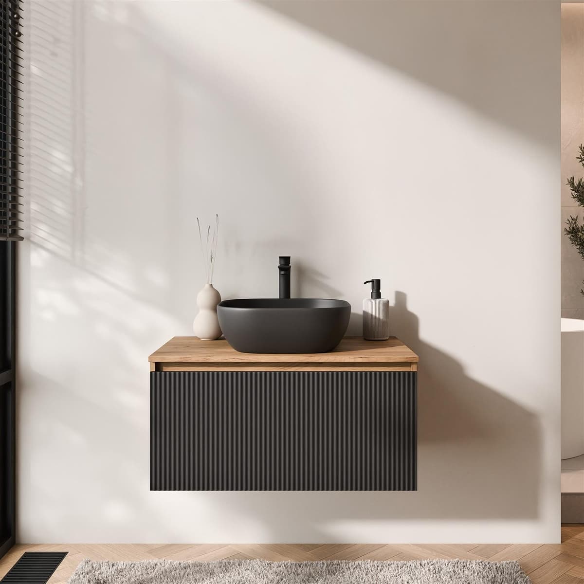 Planetmöbel ARISA Waschtisch 80 cm schwarz geriffelt mit Keramik-Aufsatzwaschbecken 42 cm in schwarz