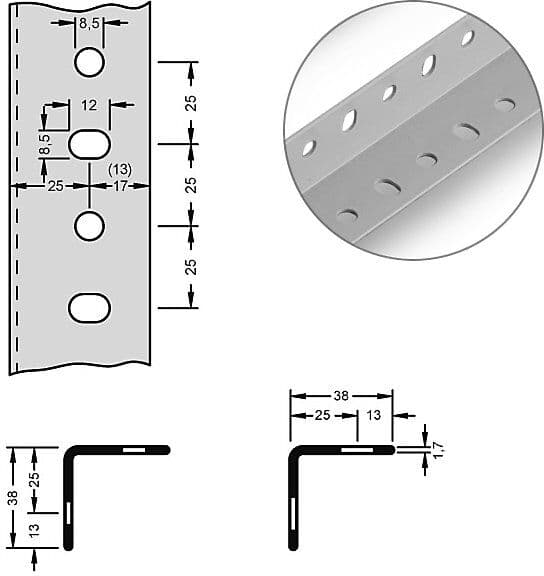 Stahl-Winkelprofil für Baukastensystem, 38 x 38 x 1,7 mm, Länge 2,5 m, lichtgrau, VE 10 Stk hofe