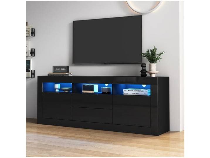 PENQUR Meuble TV LED noir brillant 160 x 35 x 60 cm 3 niches 2 portes 2 tiroirs jusqu'à 70 pouces
