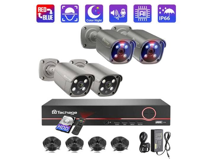 Système de caméra de sécurité Techage 4K 8MP, kit NVR 8CH POE, reconnaissance faciale AI, vision nocturne couleur en extérieur, surveillance vidéo XMEYE