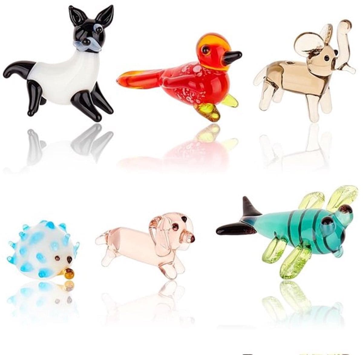Set van 6 glazen dierenfiguren voor tafeldecoratie - Libelle, vogel, egel, hond en olifant