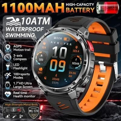 Uplifted Finds 2026 T Rex 3 Pro GPS Smartwatch   120 Day Standby & 1100mAh   Executive Rugged Outdoor 10ATM Waterproof Suite black Orange