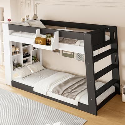 Twin Over Twin Xl Bunk Bed With Storage Shelves & Guardrail Storage Basket