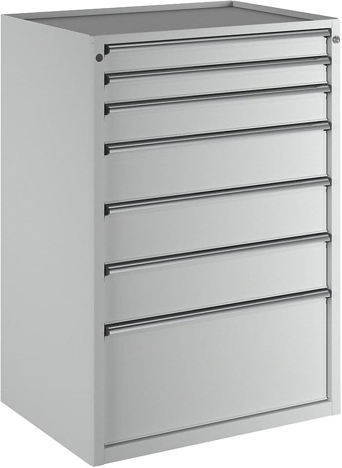 Schubladenschrank, BxT 910 x 675 mm, Schubladentraglast 200 kg, 7 Schubladen, Höhe 1280 mm, Front lichtgrau ANKE