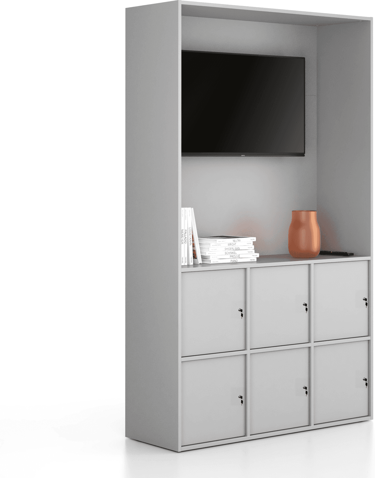 B2B Partner Kancelářská skříň FRAME, 6x dveře, prostor pro TV, 1299 x 450 x 2162 mm, cylindrický zámek, šedá