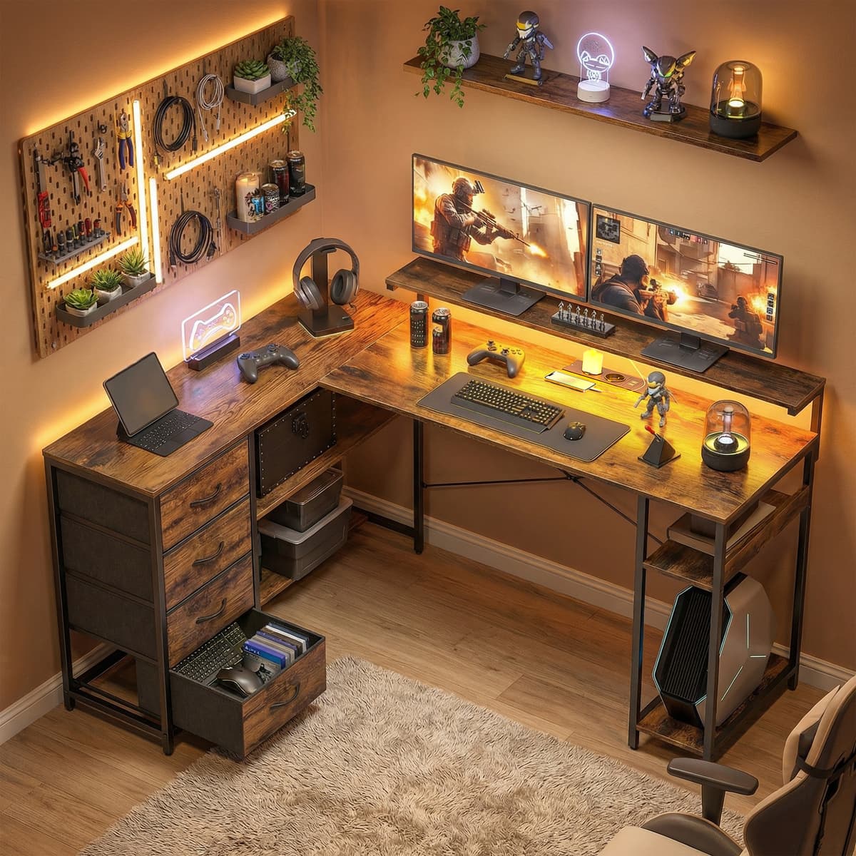 Homcom Scrivania Gaming a L con Presa di Corrente, Illuminazione LED, 4 Cassetti e Supporto Monitor, 155x110x91,4 cm, Marrone   Aosom Italy
