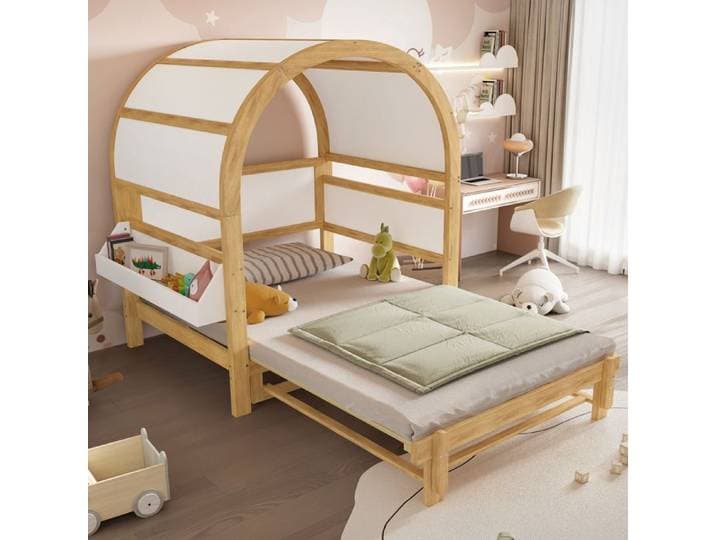 Lit cabane extensible 140 x 200 cm en bois avec lit gigogne toit voûté tablette latérale sommier à lattes Blanc + Naturel