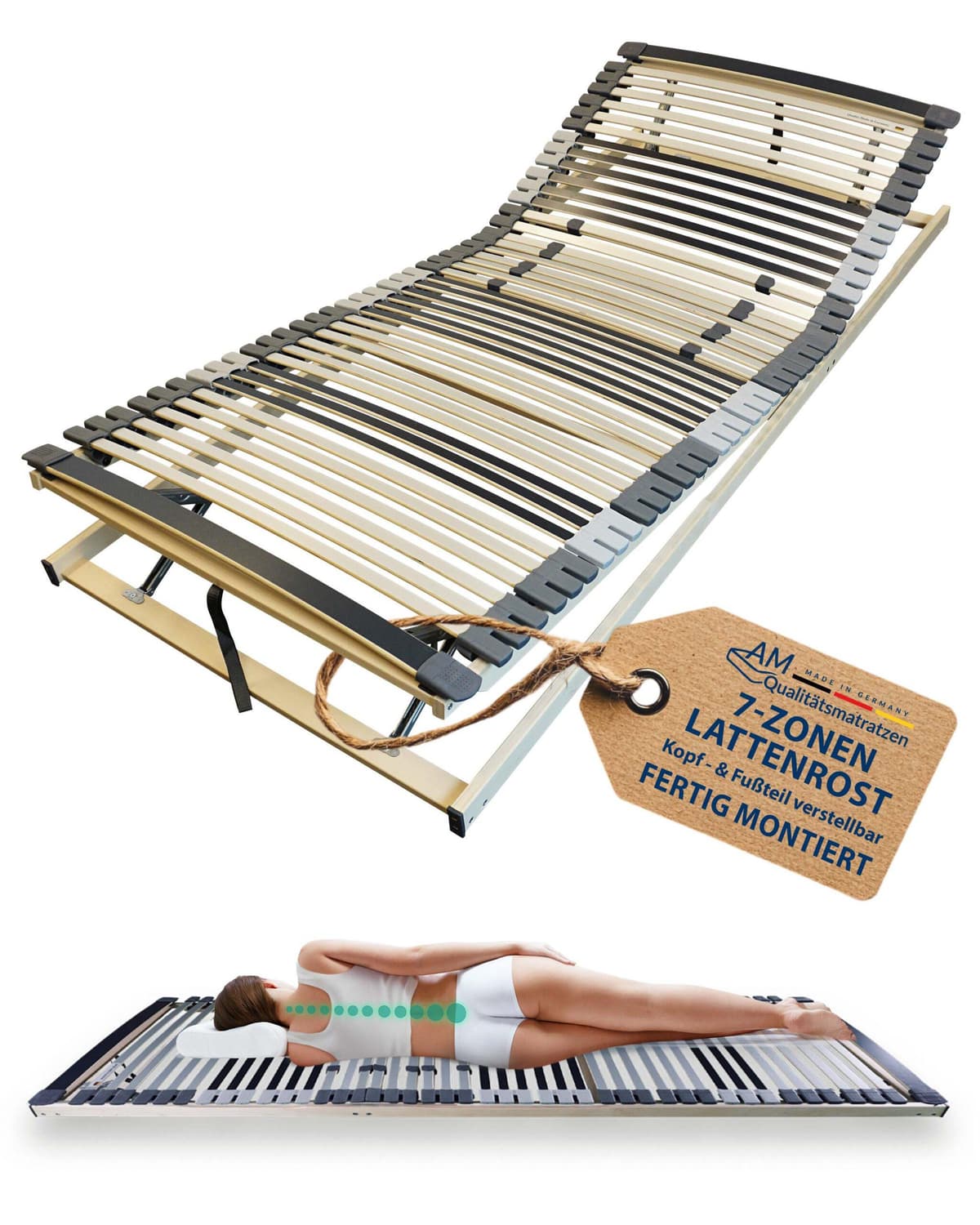 AM Qualitätsmatratzen | Ergonomischer 7-Zonen Lattenrost 100 x 200 cm, Kopf- & Fußteil verstellbar, gebrauchsfertig geliefert