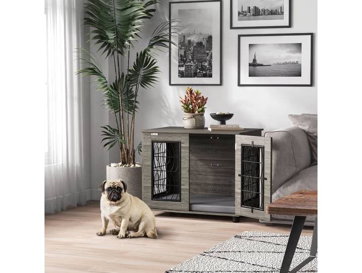 PawHut Cage pour Chiens avec Coussin, jusqu'à 20 kg/50 cm de longueur corporelle, en Métal, 80x56x63 cm, Gris/Décor bois