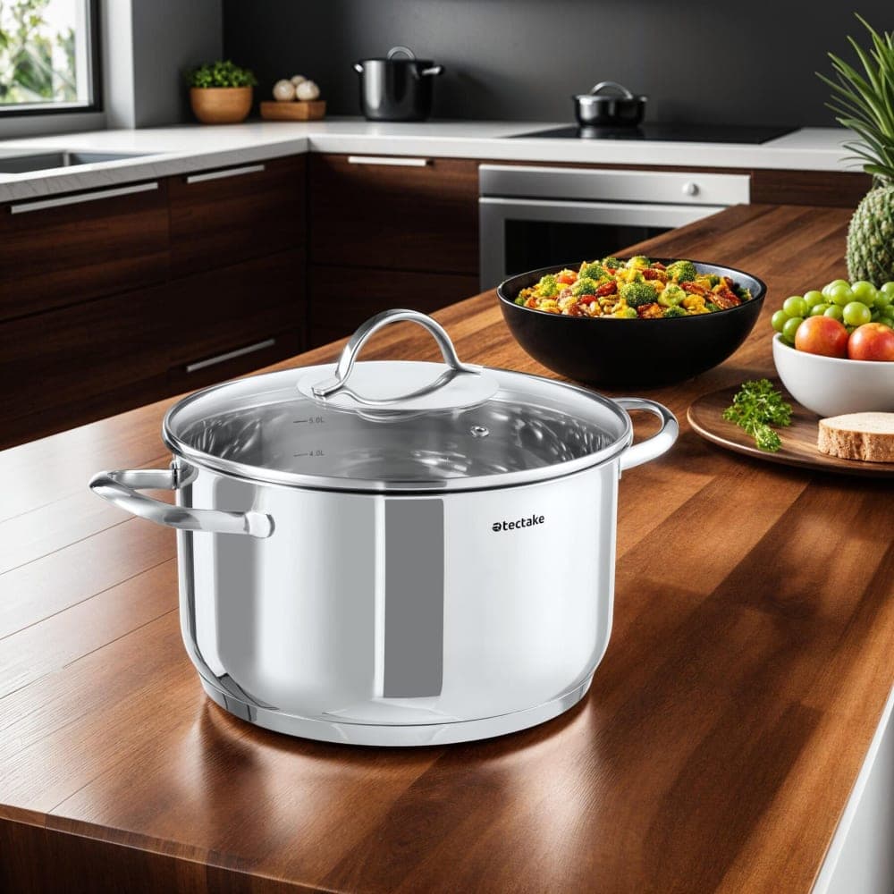 Tectake Batería de cocina, 7 piezas, 1 cazo, 3 ollas y tapas, cocina inducción