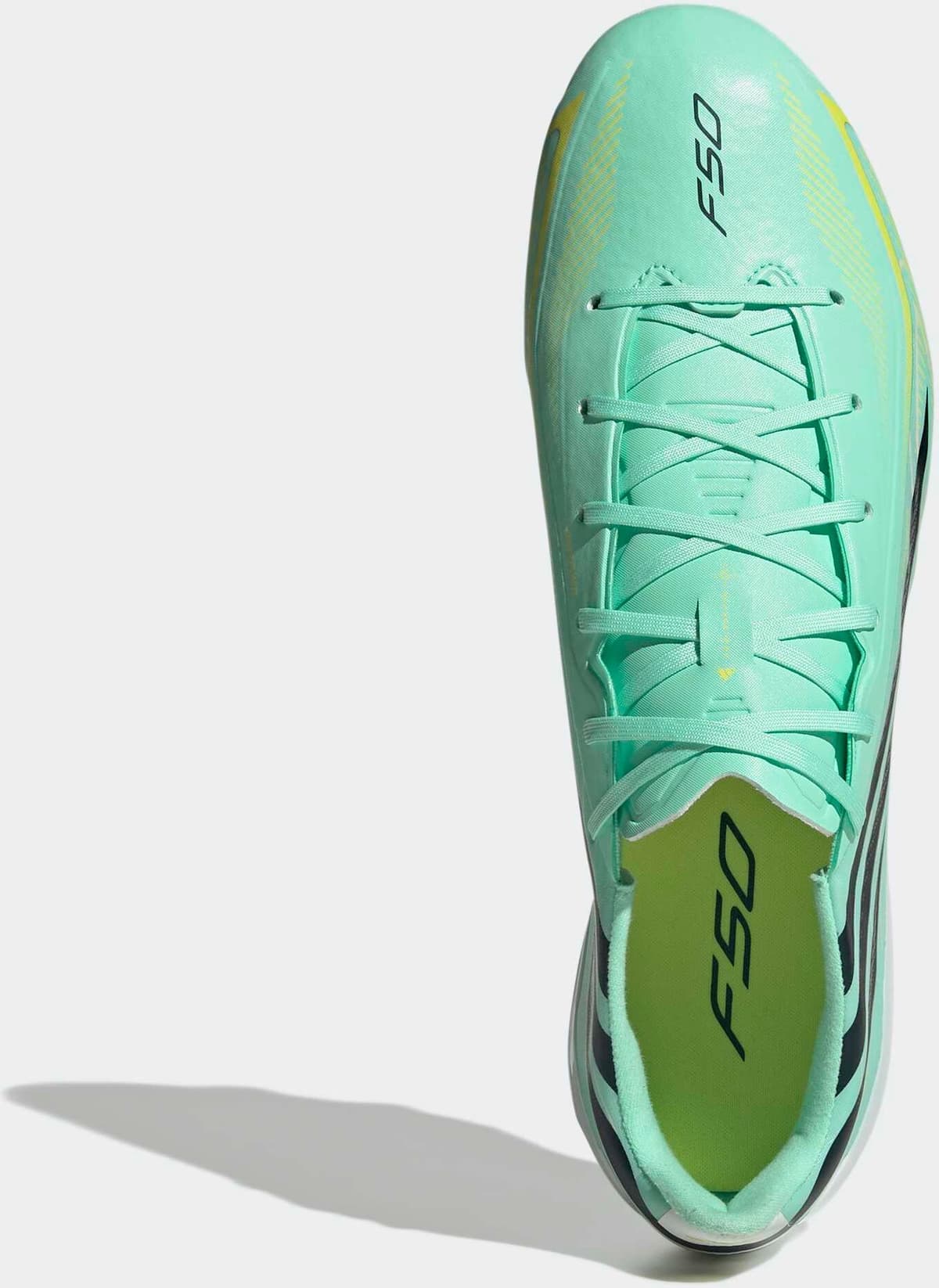 Fussballschuh ADIDAS PERFORMANCE "F50 HYPERFAST LEAGUE, FESTE BÖDEN", Gr. 48, grün (pulse mint, night navy, solar lemon), Synthetik, Schuhe Fussballschuh, für Rasen und feste Böden, gespielt bei der Weltmeisterschaft 2026 pulse mint, night navy, solar lem