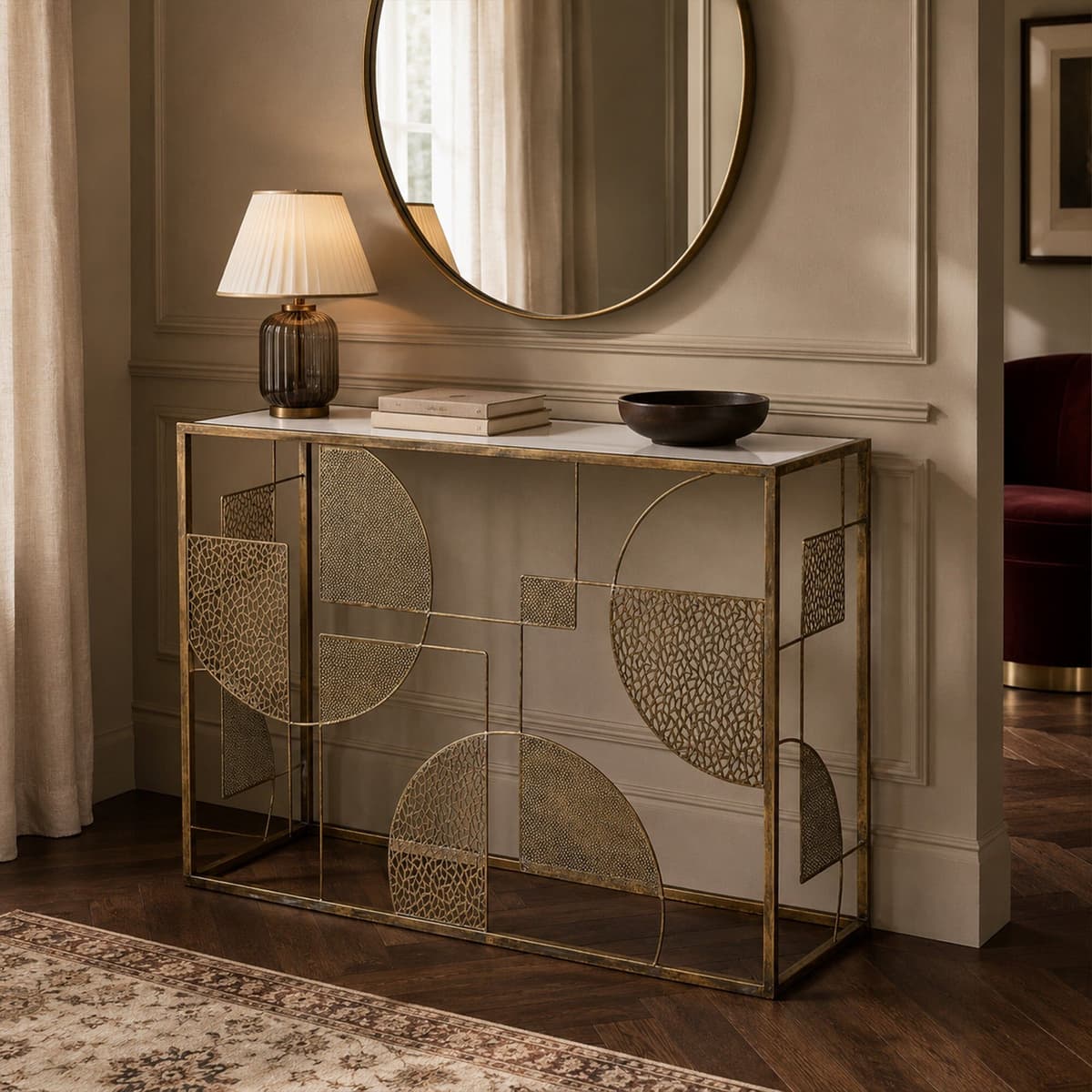 Large Gold Metal Geometric Mirrored Topped Console Table Metal, Glass