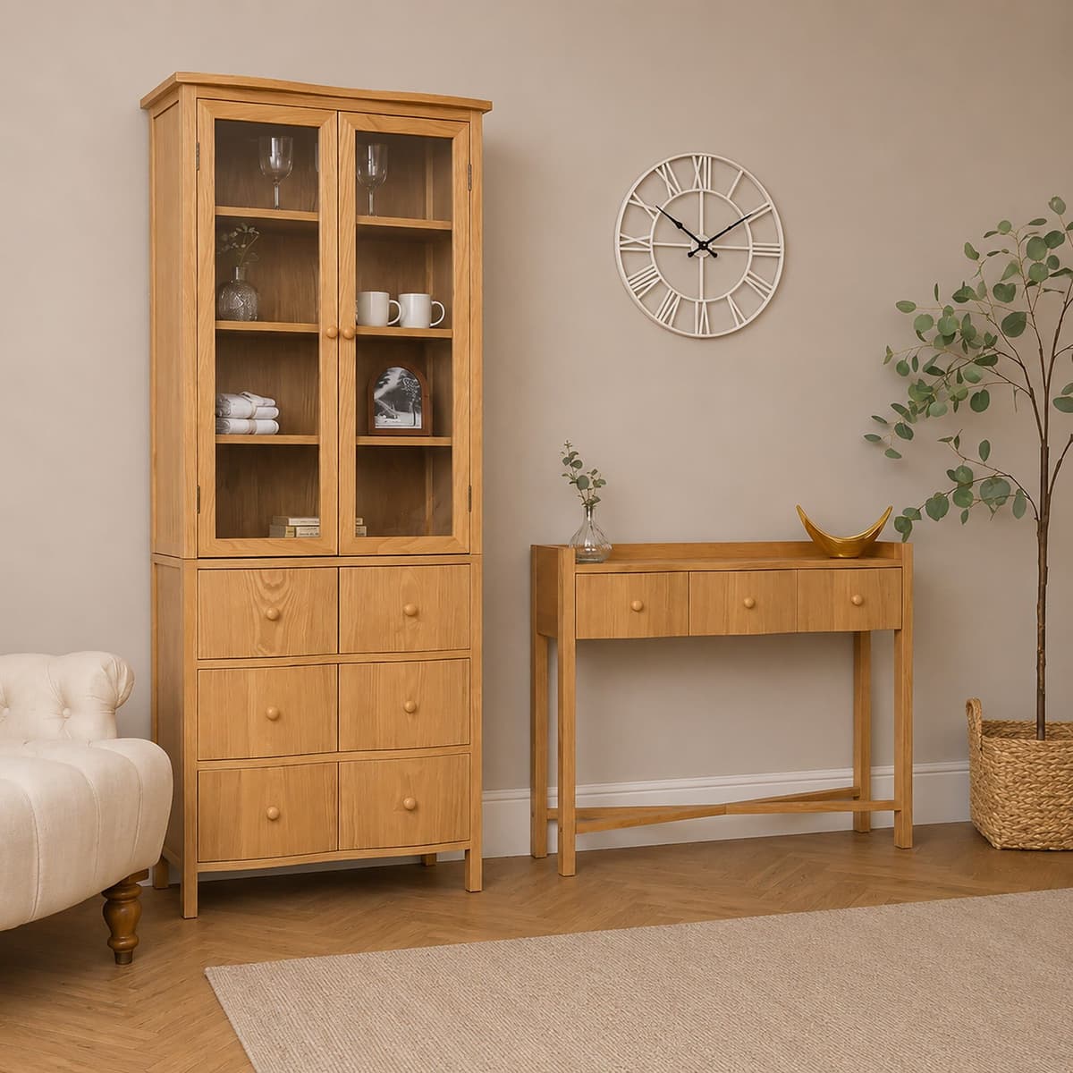 Large Curved Wood Glass Fronted Tall Display Cabinet - Austin Wood Range Solid Wood, MDF, Ashwood Veneer, Glass