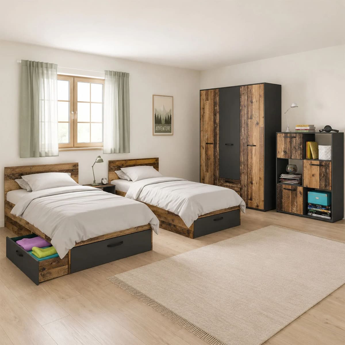 garneroarredamenti Camera da letto completa 2 letti singoli grafite rovere rustico Fada