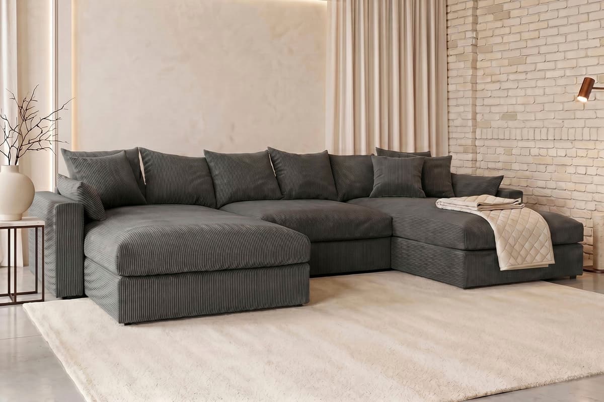Wohnlandschaft GOODPRODUCT "Cosy Lounge U-Form, Breite 385 cm", grau (anthrazit), B:385cm T:198cm, 100% Polyester, Sofas, Wohnlandschaft, Mega-Sofa mit Cordstoff bezogen, mit Federkern & 5 Zierkissen anthrazit B/H/T: 385cm x 198cm, Cord, Recamiere beidsei