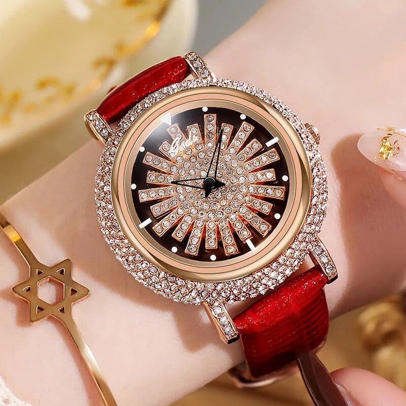 High End Watch For Women Light Luxury Diamond Set 360° Running Clock Waterproof Genuine Leather Female Fashion Quartz Watches