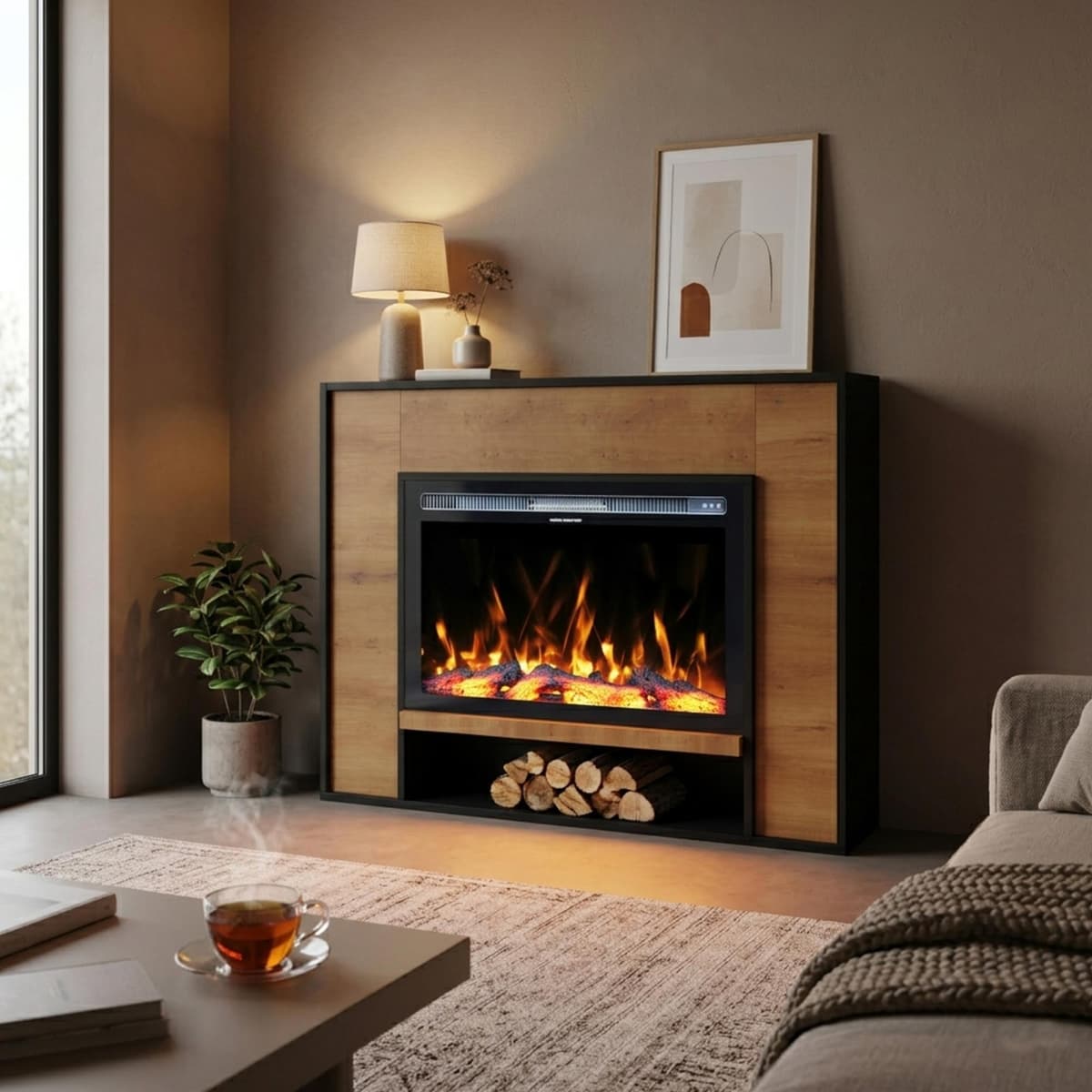 Garlivo Elektrokamin 'VENEZIA Schwarz/ Eiche ' | LED Standkamin in weiss mit Heizung (1500 W) | HxBxT: 94x136x28cm