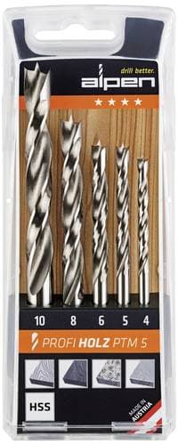Alpen 600114100 Holz-Spiralbohrer-Set 5teilig 4 mm, 5 mm, 6 mm, 8 mm, 10mm Zylinderschaft 1 Set