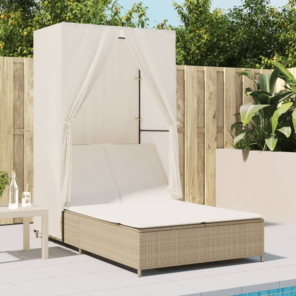 vidaXL Chaise longue double avec toit et rideaux beige résine tressée