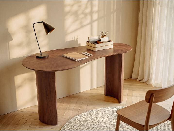 Schreibtisch mit abgerundeter Form - Nussbaumfurnier - Naturfarben dunkel - ALVARYS
