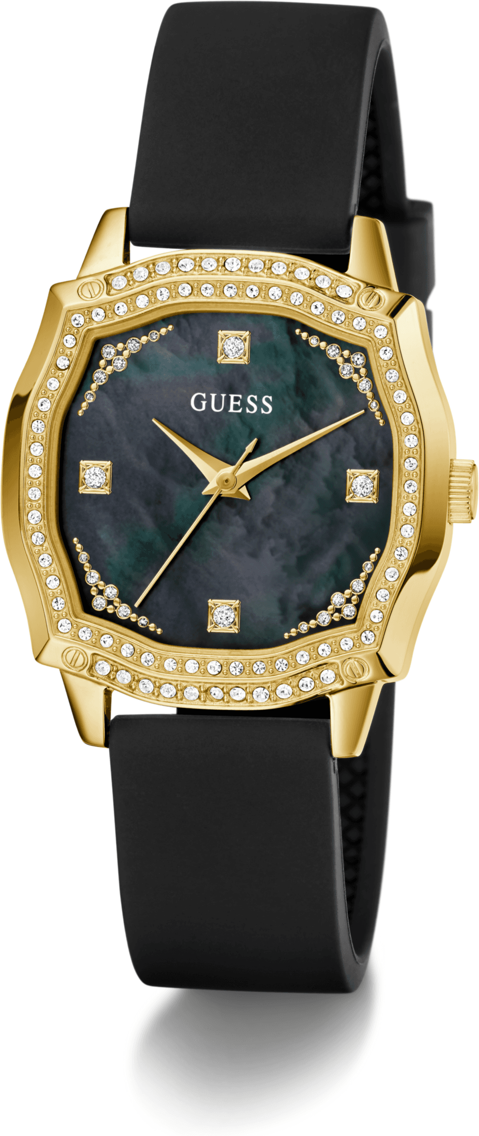 Quarzuhr GUESS "LIV", schwarz (schwarz, perlmuttfarben, grün), Armbanduhren, Damen, goldfarben, Quarzuhr, Armbanduhr, Damenuhr, Silikonarmband, Kristallsteine
