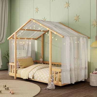 Twin Size Platform Bed With Sheer Fabric Canopy And String Lights