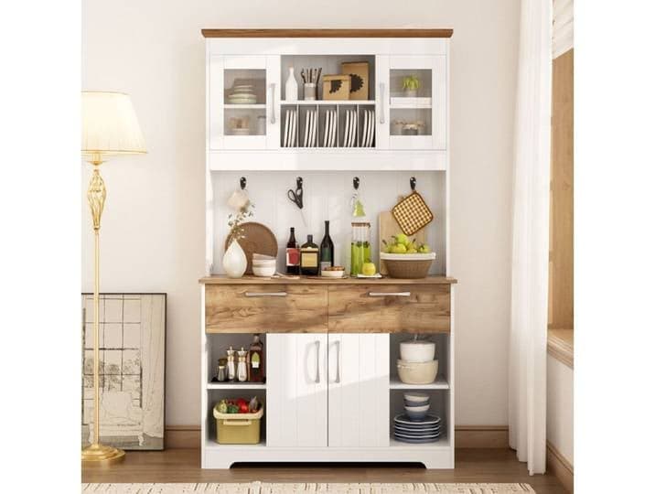 Buffet de cuisine AESVAR avec vitrines 2 tiroirs et barre à crochets 106 x 39 x 176 5 cm blanc et bois