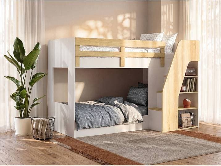 Etagenbett mit Stauraum - 90 x 190 cm - Weiß & Holzfarben - NAROJAS