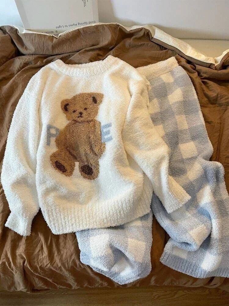 others Women's Coral Fleece Sleepwear Half Velvet Leisure Home Clothes Set Bear Pattern Autumn Winter Warm Soft Cartoon Style Pajamas