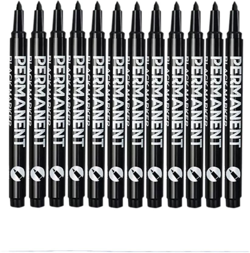 INF 12er Pack Schwarze Permanentmarker mit feiner Spitze - Schnelltrocknend, Wasserfest