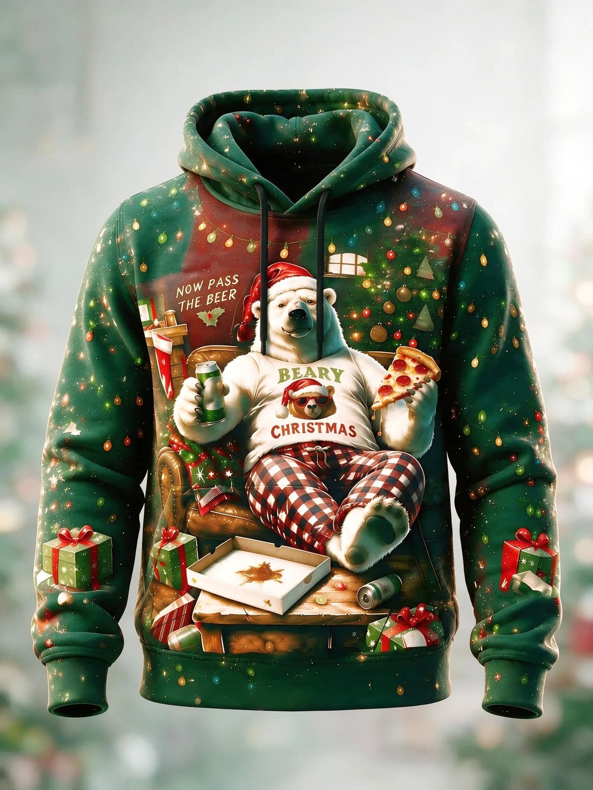 NONE Unisex 3D Print Christmas Hoodie Polar Bear Pizza Beer Home Party Pullover Long Sleeve Kangaroo Pocket Holiday Sweatshirt