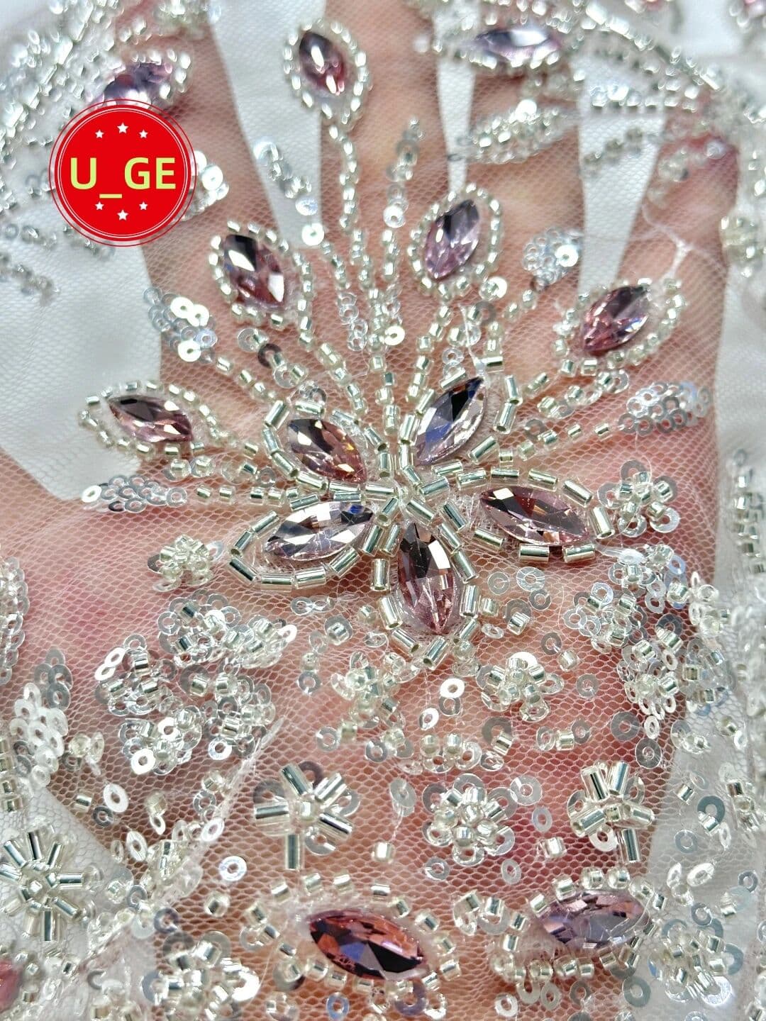 NONE 2026Luxurious Elegant Soft Mesh Beaded Lace Fabric with Stones Elegant High-Quality Tube Lace for WeddingEvening DressU_GE6623