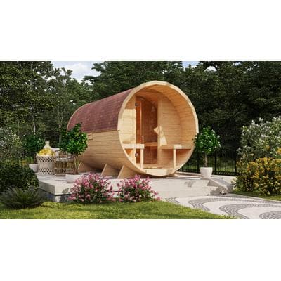 Fasssauna KONIFERA "Lathy XXL", beige (naturbelassen), Saunaofen, integrierte Steuerung, 3,6 kW, Saunen, Plug&Play Saunaofen mit Steuerung 3,6 kW inkl. 18 Kilo Steinen