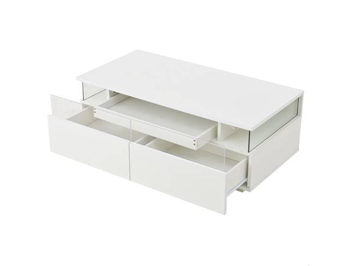 Table basse blanche brillante 90 x 45 x 35 5 cm avec 2 tiroirs plateau amovible verre trempé et LED USB