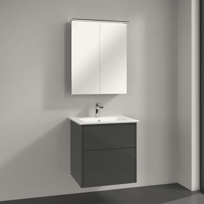 Villeroy und Boch Villeroy & Boch Finero Badmöbel Set 60 cm, Glossy Grey Waschtisch mit Waschtischunterschrank und Spiegelschrank