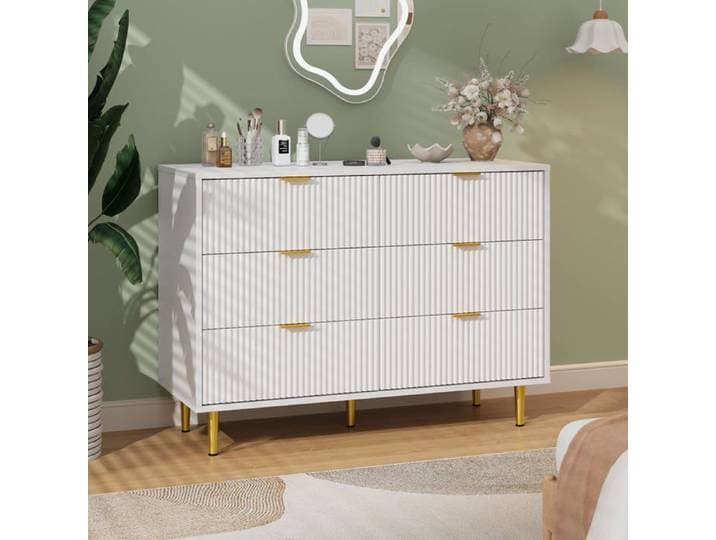 Commode 6 tiroirs moderne - grand espace de rangement anti-basculement Façade ondulée poignées et pieds dorés 100x40x75cm-BLANC